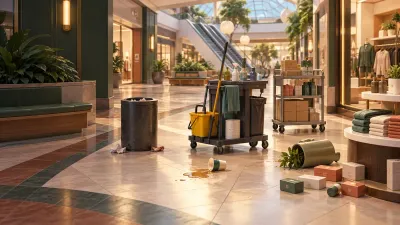 Concept illustration of a mall cleaning cart, scattered products, litter, a spill, and a fallen planter.