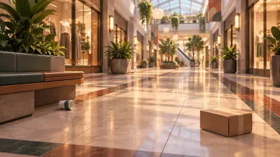 Concept illustration of a quiet mall corridor with a cup and a box left on the floor.