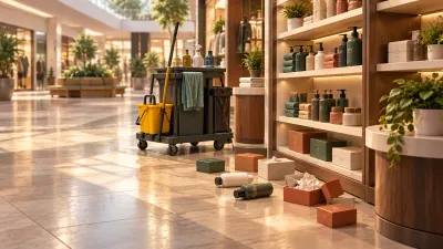 Concept illustration of loose products beside mall shop shelves and a cleaning cart.